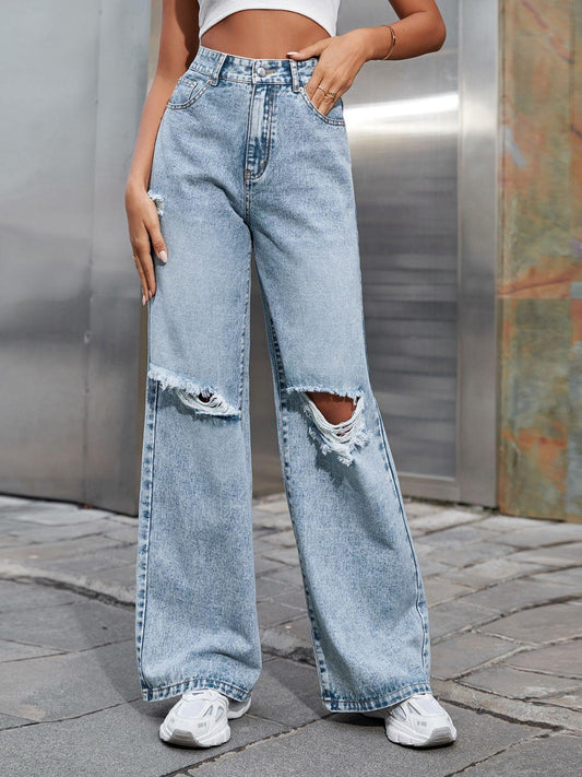 Distressed Wide Leg Jeans with Pockets Light