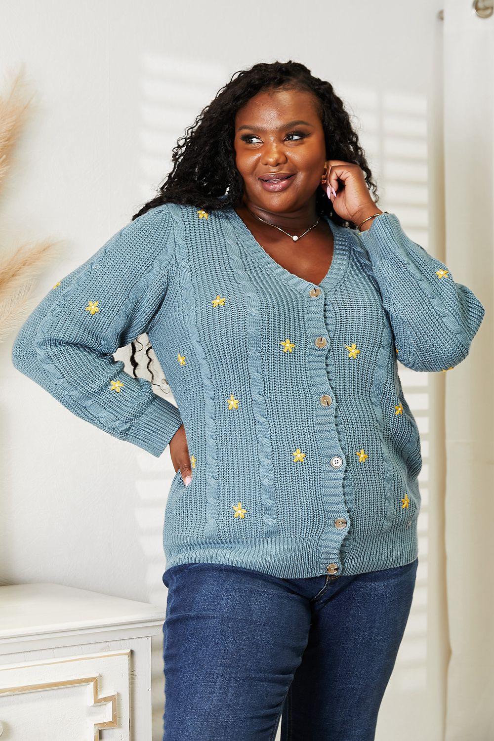 HEYSON Full Size Floral Embroidered Cable Cardigan Turquoise