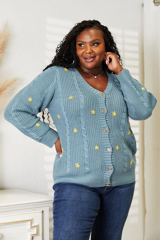 HEYSON Full Size Floral Embroidered Cable Cardigan Turquoise