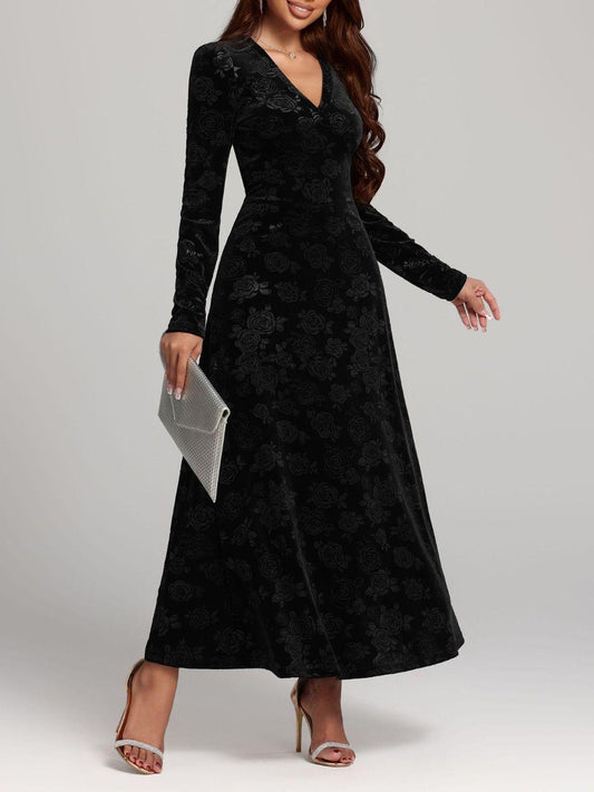 Rose Print V-Neck Long Sleeve Dress Black