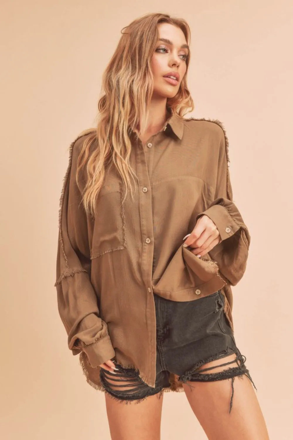 Aemi + Co Raw Edge Exposed Seam Collared Neck Long Sleeve Shirt