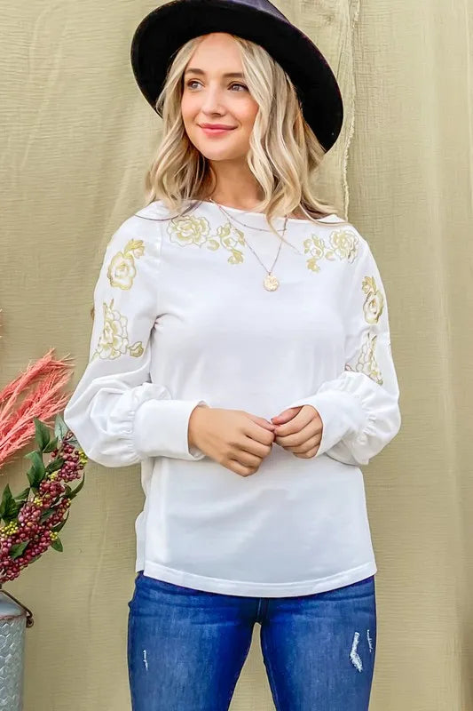 And The Why Flower Gold Embroidery Shoulder Detailed Top IVORY