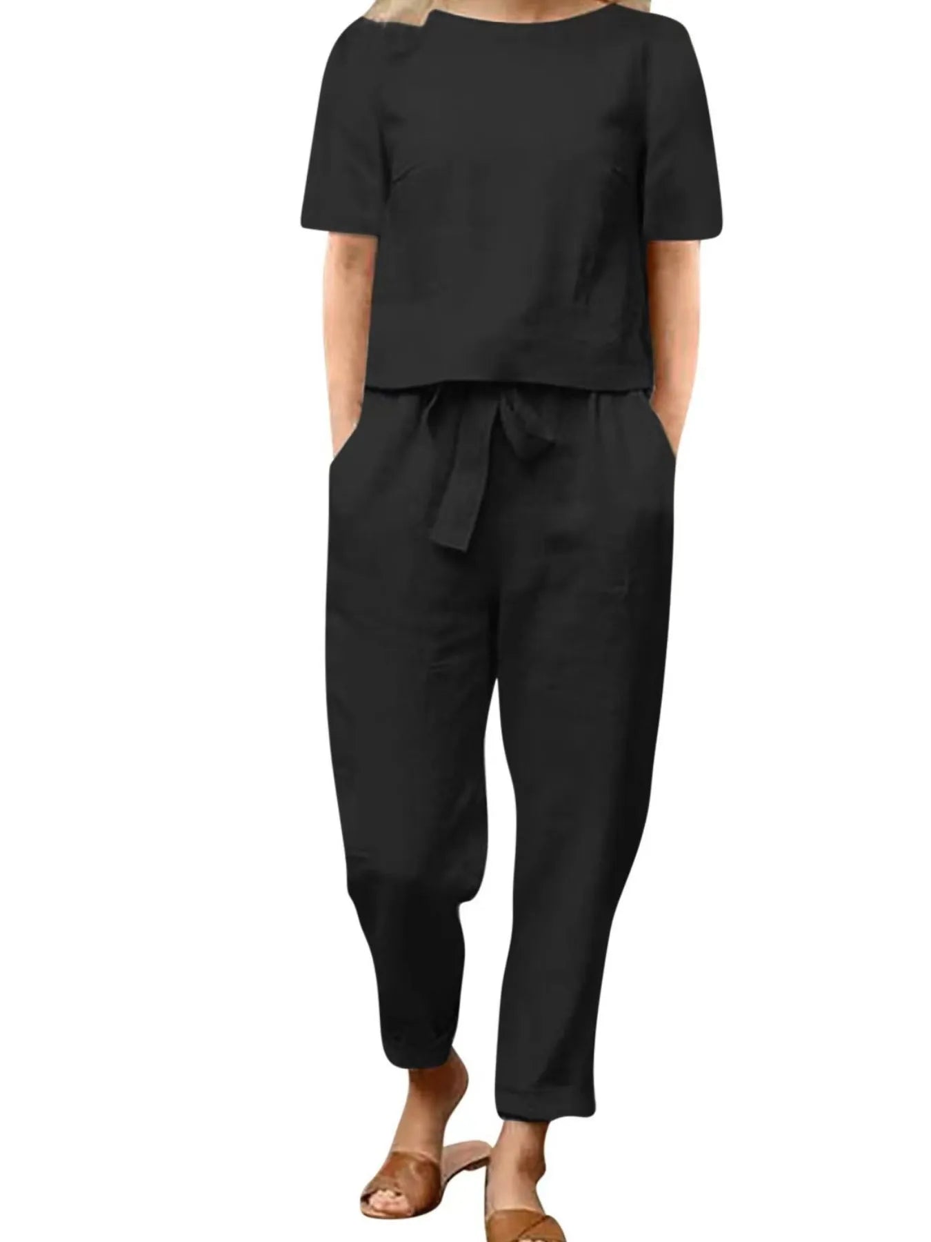 Full Size Round Neck Short Sleeve Top and Pants Set Plus Size