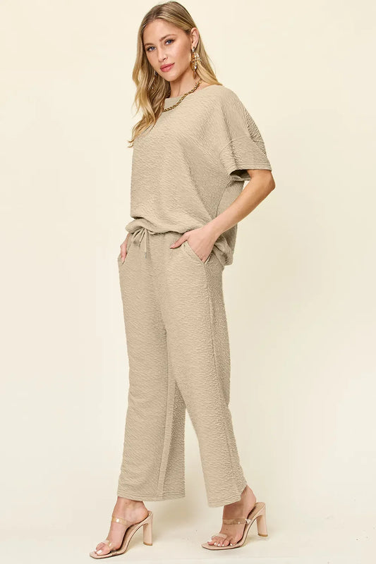 Double Take Full Size Texture Short Sleeve Top and Pants Set