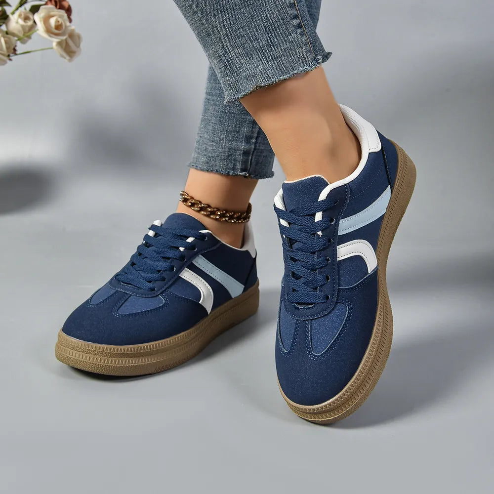 Lace Up Round Toe Contrast Sneakers Dark Blue
