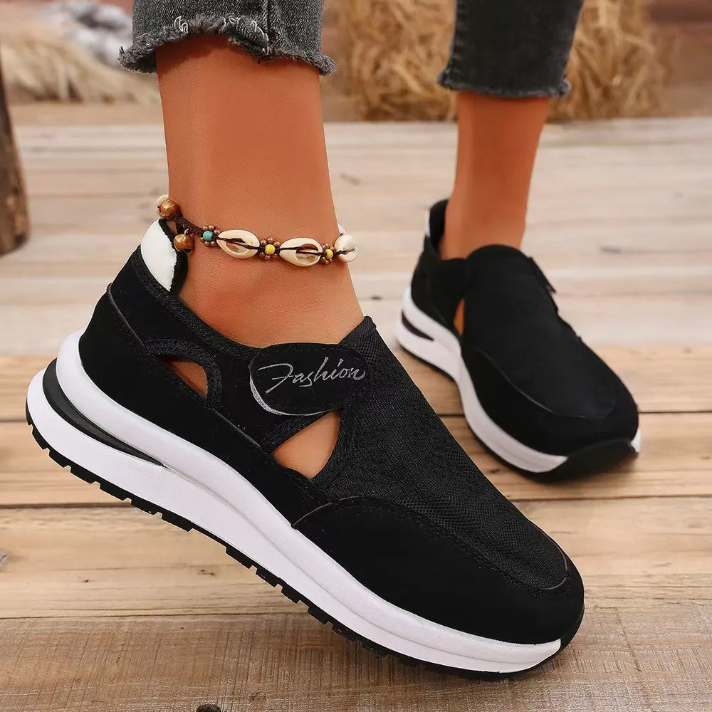 Mesh Round Toe Platform Sneakers Black