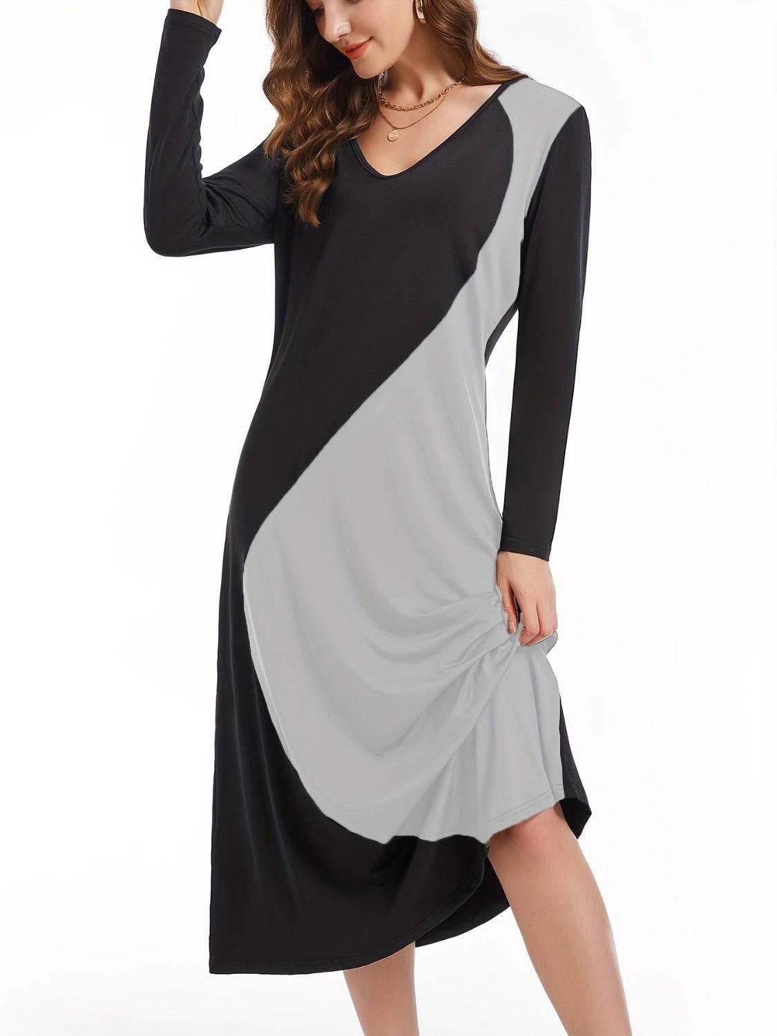 Contrast Long Sleeve Midi Dress Gray