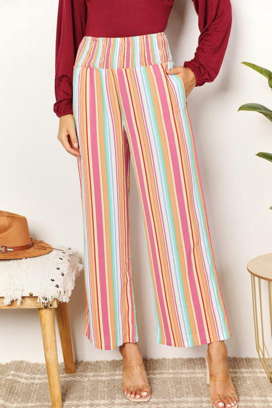 Double Take Striped Smocked Waist Pants with Pockets Multicolor