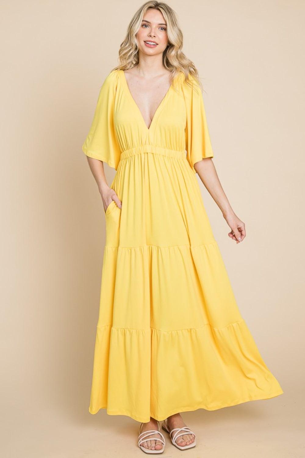 Culture Code Backless Plunge Half Sleeve Tiered Dress LEMONADE