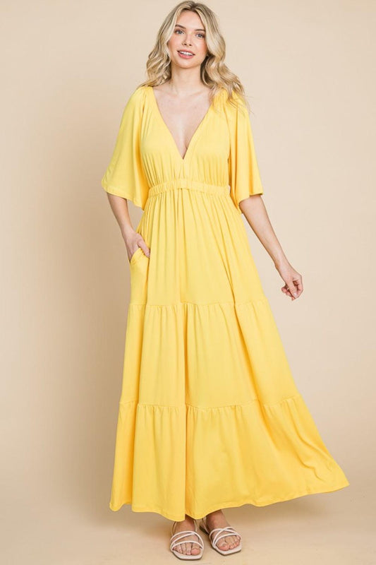 Culture Code Backless Plunge Half Sleeve Tiered Dress LEMONADE