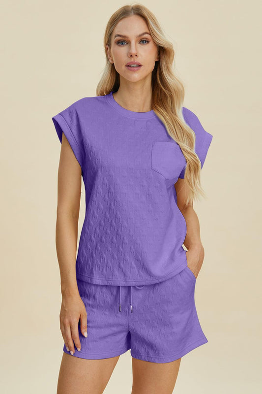 Double Take Full Size Pocketed Texture Round Neck Top and Shorts Set Lavender