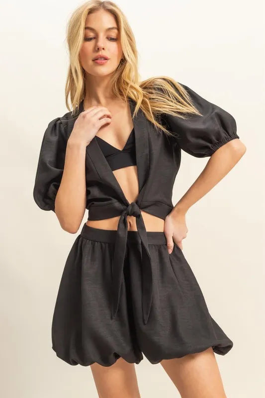 HYFVE Front Tie Top and Bubble Hem Shorts BLACK