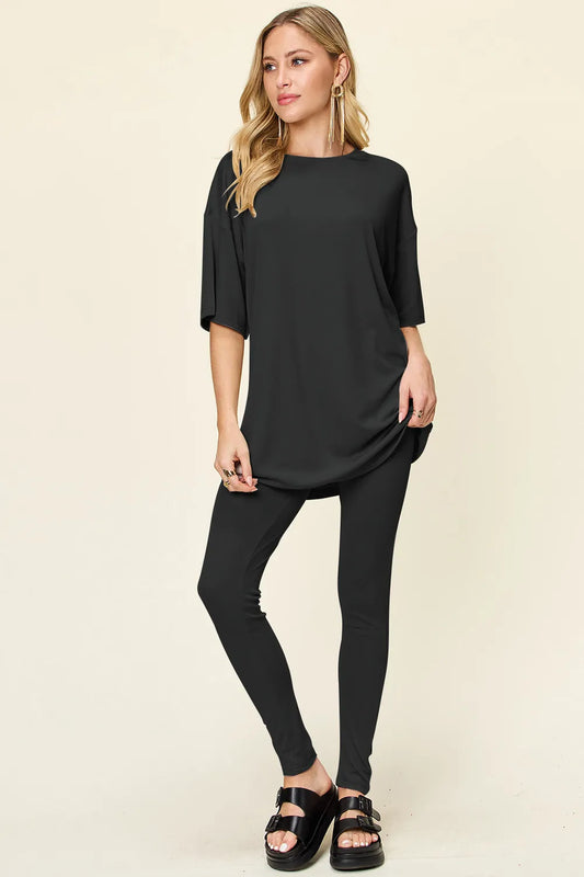 Double Take Full Size Round Neck Dropped Shoulder T-Shirt and Leggings Set Black