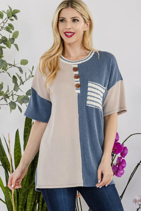 Celeste Full Size Rib Contrast Short Sleeve T-Shirt Plus SIze DENIM STRIPE