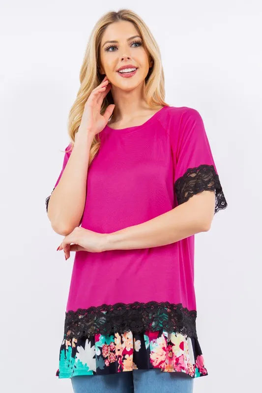 Celeste Full Size Lace Trim Short Sleeve Top Plus Size