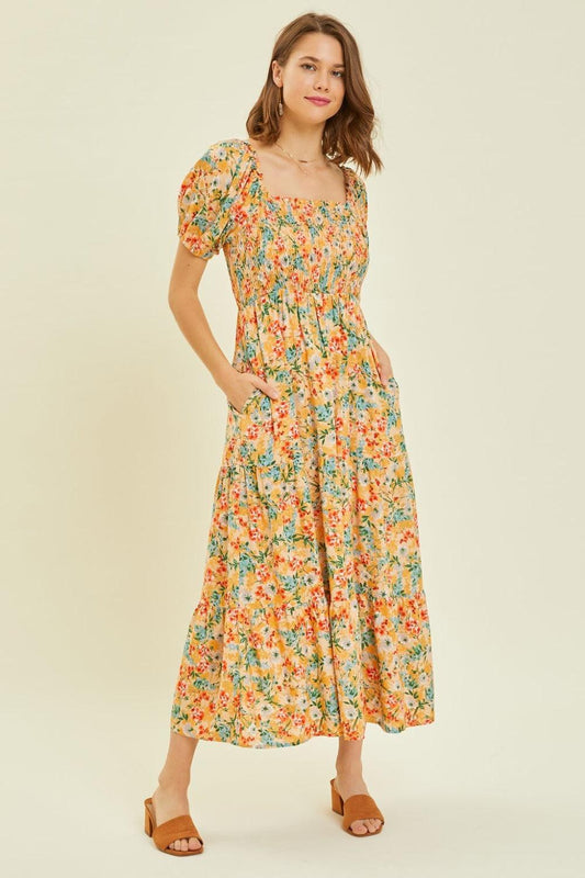 HEYSON Full Size Floral Smocked Tiered Midi Dress Peach Multi