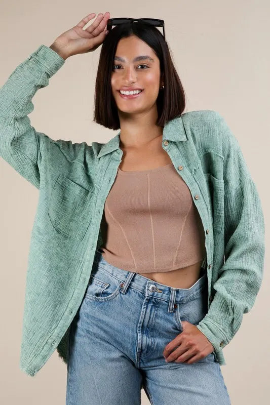VERY J Mineral Washed Gauze Button Down Shirt Sage