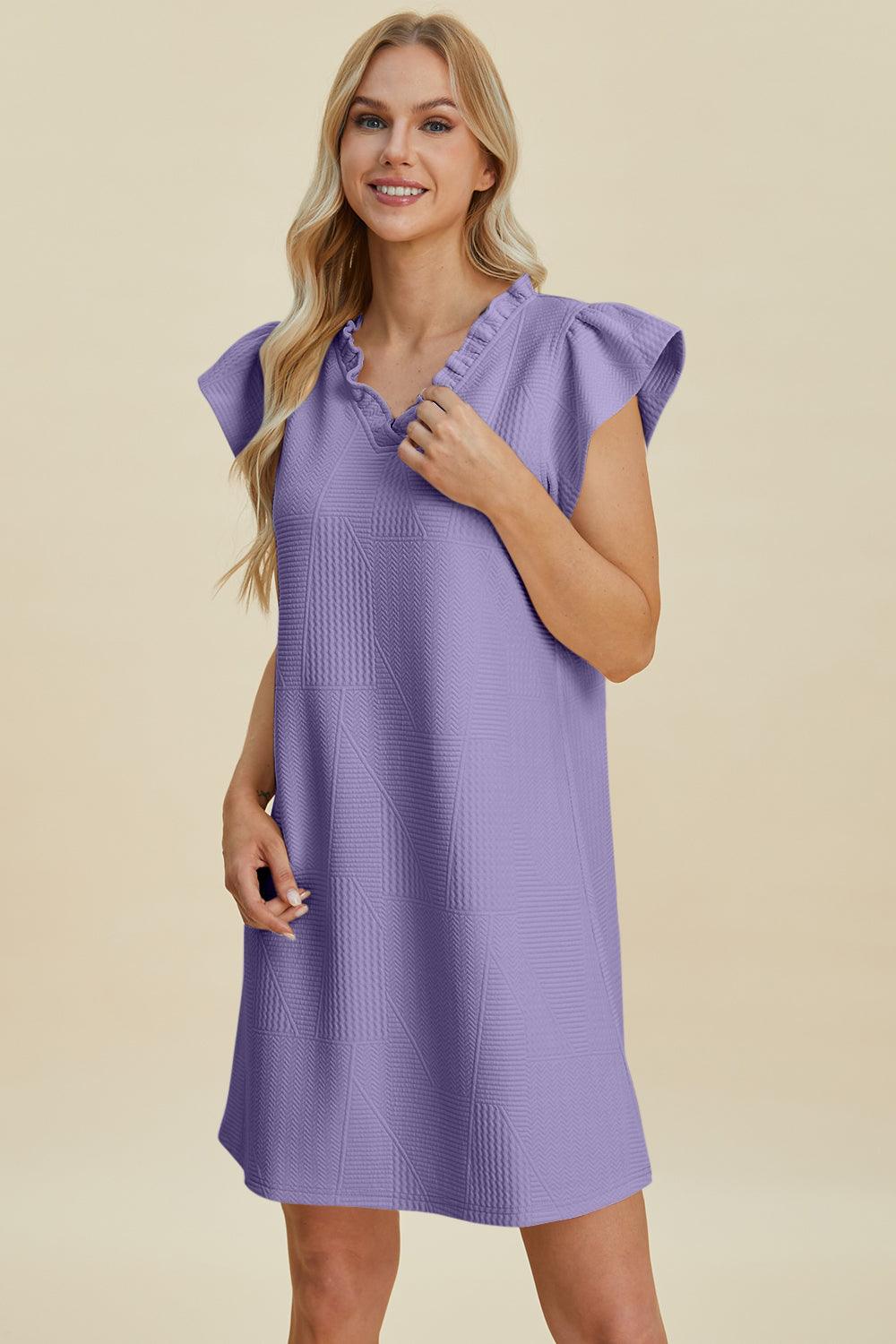 Double Take Full Size Ruffled V-Neck Cap Sleeve Dress Lavender