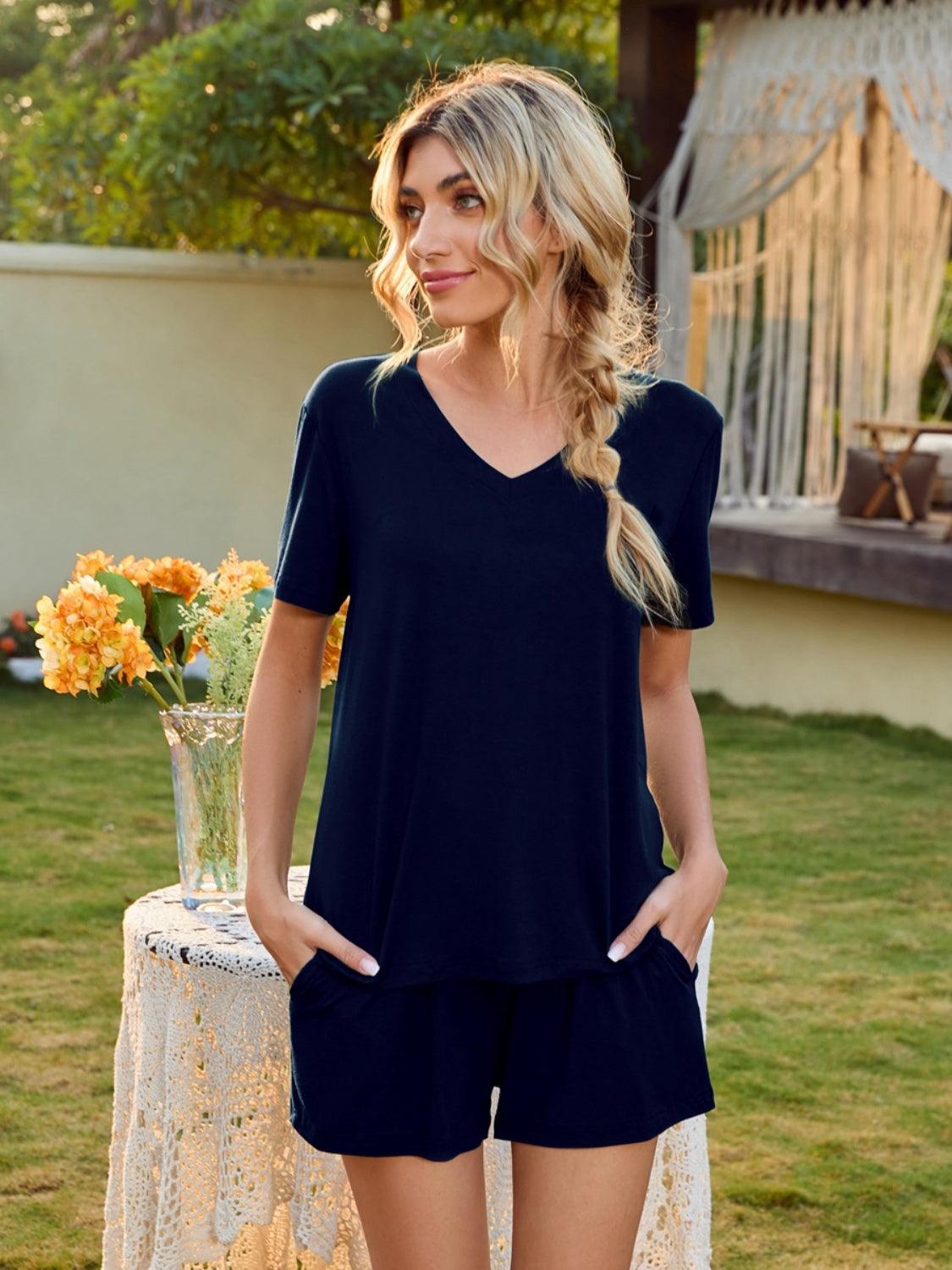 V-Neck Short Sleeve Top and Pocketed Shorts Lounge Set Dark Blue