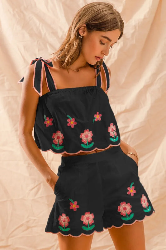 SO ME Flower Embroidered Tank Top and Shorts Set BLACK