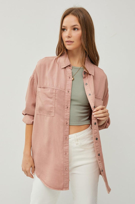 RISEN Full Size Button Up Long Sleeve Denim Shirt Mauve