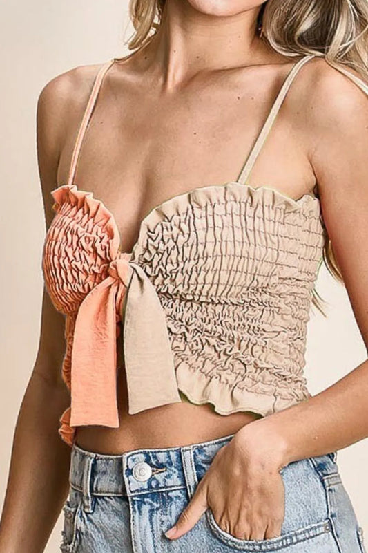 BiBi Woven Color Block Smocked with Ribbon Bra Top PEACH OATMEAL