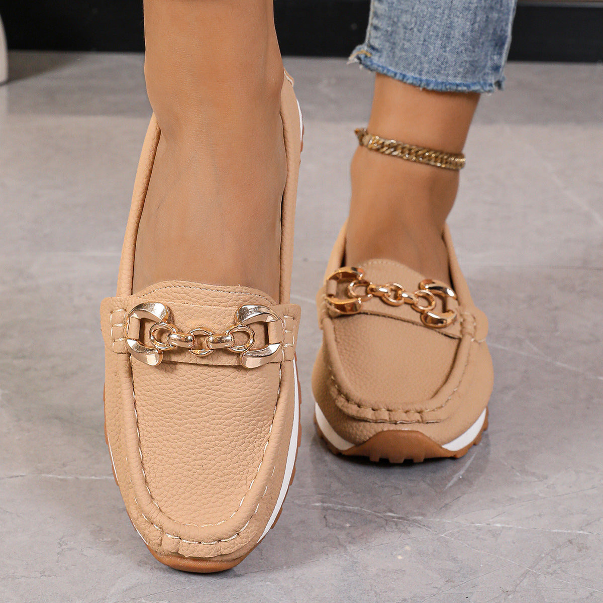 Women's Metal Chain Flat Slip-On Loafers | Breathable PU Preppy Flats