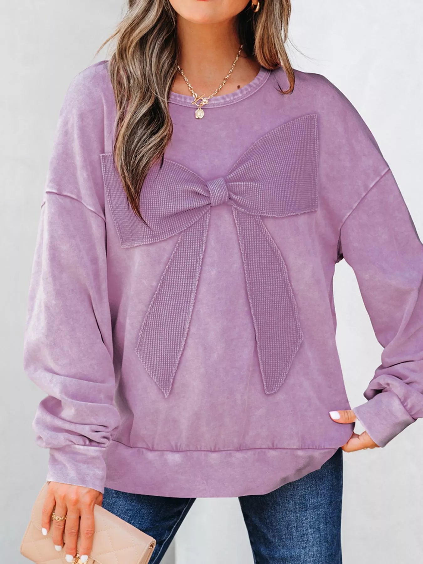 Mineral Wash Bow Patchwork Sweatshirt