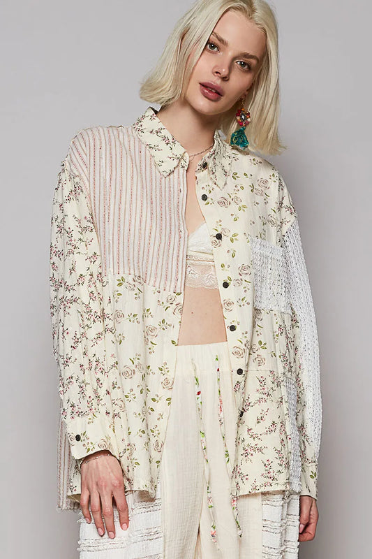 POL Lace Patchwork Floral Button-Up Shirt NATURAL MULTI