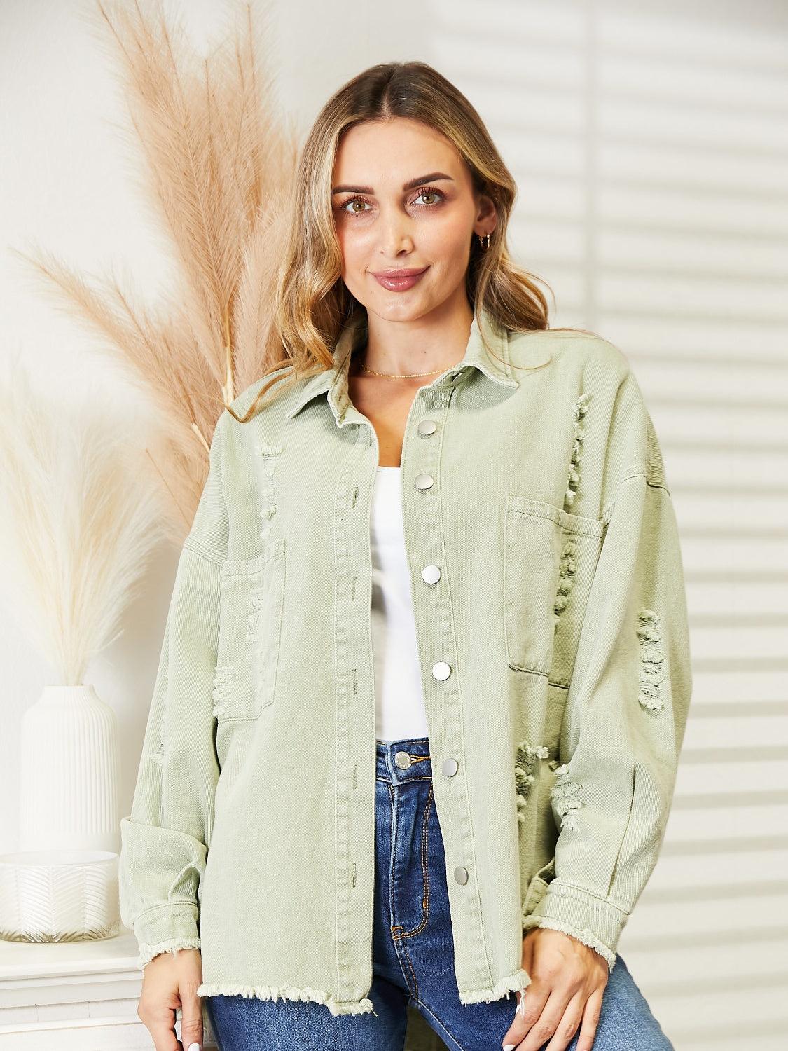 Distressed Raw Hem Denim Jacket Light Green