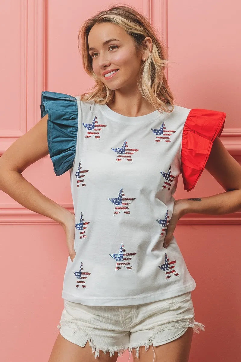 BiBi American Flag Sequin Stars Top