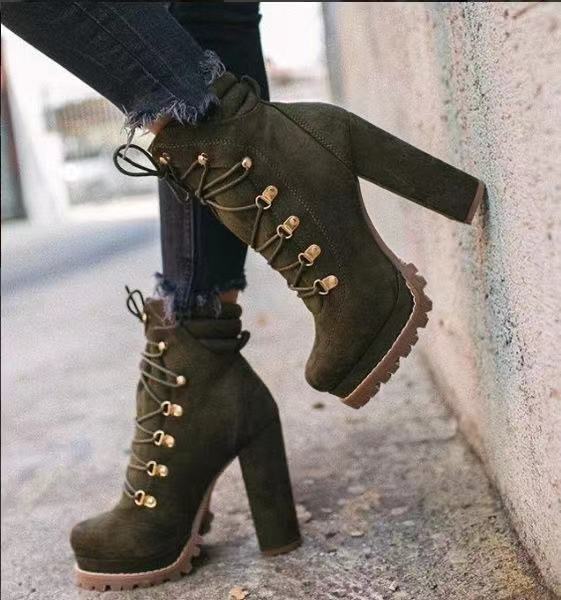 Heeled Boots For Women – Round Toe Lace Up High Heels Mid Calf Boots