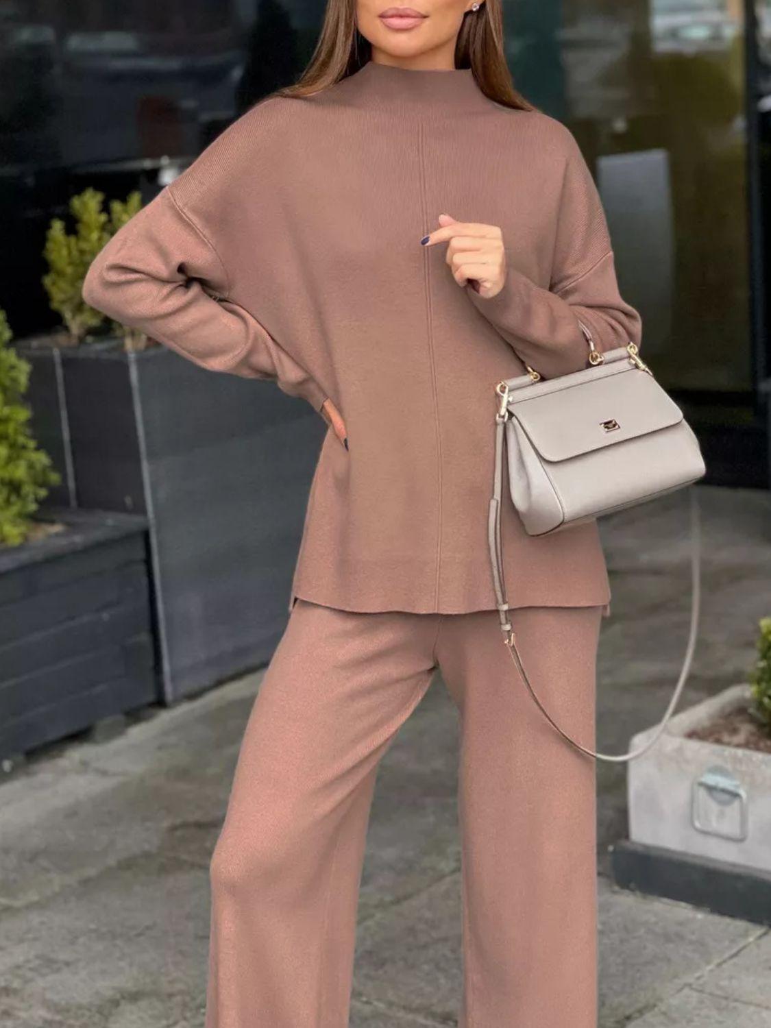 Slit Mock Neck Top and Pants Sweater Set Ochre