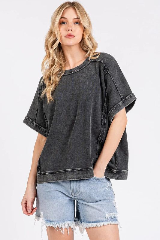 Mittoshop Mineral Wash French Terry Crew Neck Casual Top