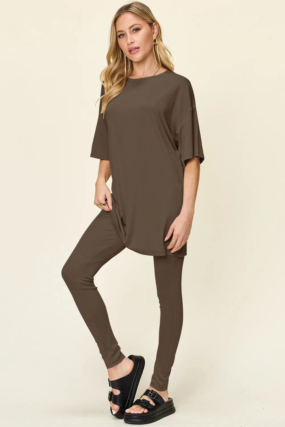 Double Take Full Size Round Neck Dropped Shoulder T-Shirt and Leggings Set Mocha