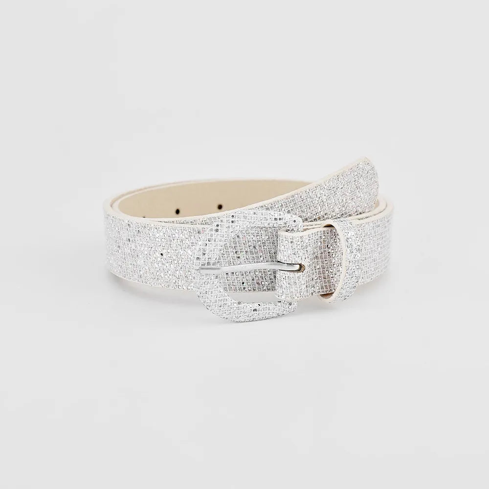 Sequin PU Leather Belt Silver