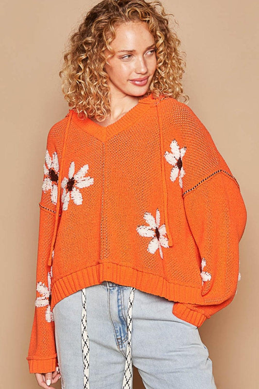 POL Floral Pattern Hooded High-Low Sweater Orange
