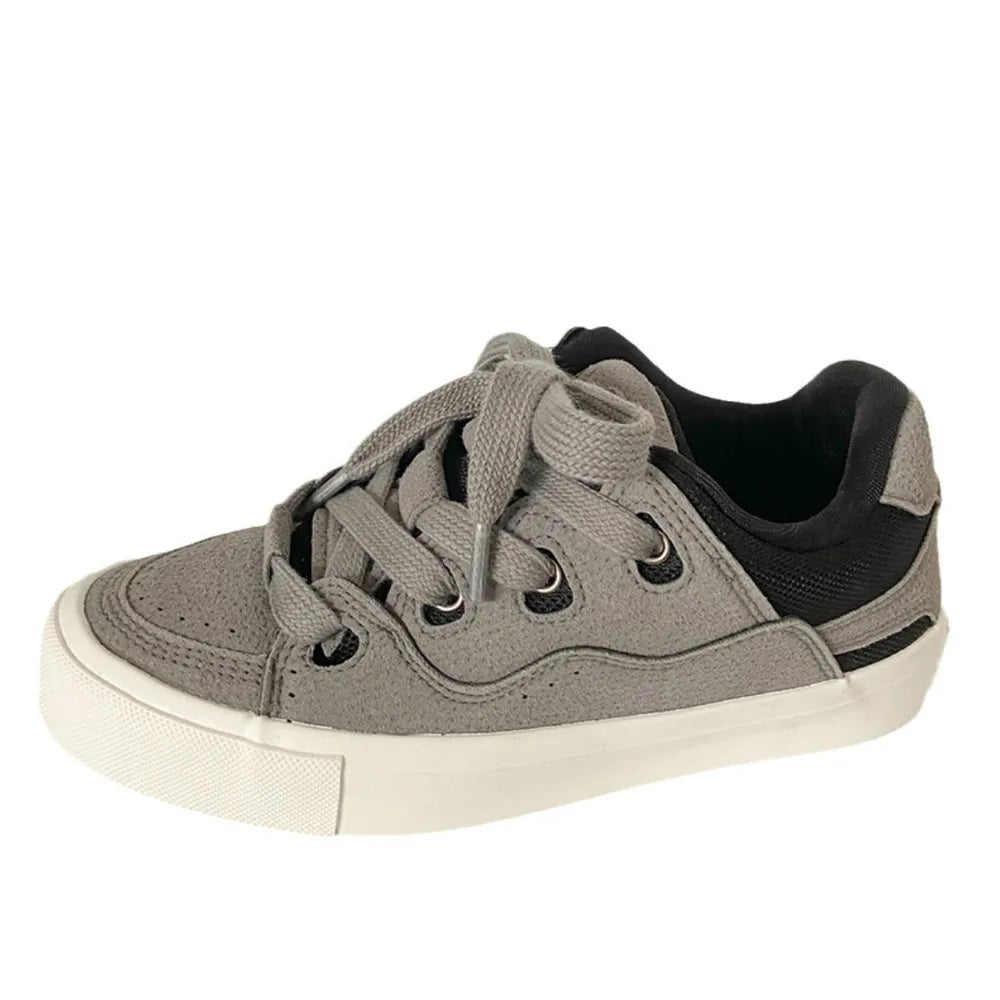 Contrast Lace Up Round Toe Flats Sneakers Gray