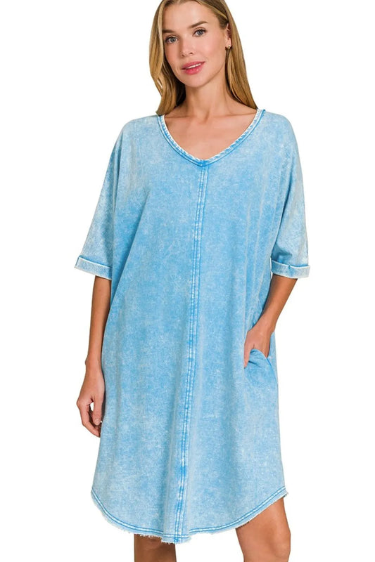Zenana Acid-washed French Terry Tee Shirts Dress DEEP SKY