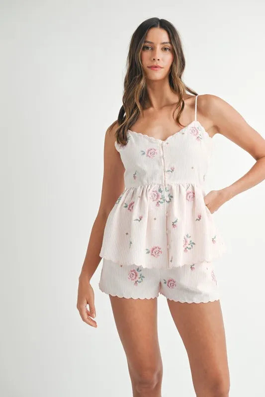MABLE Stripe Embroidered Peplum Cami and Shorts Set