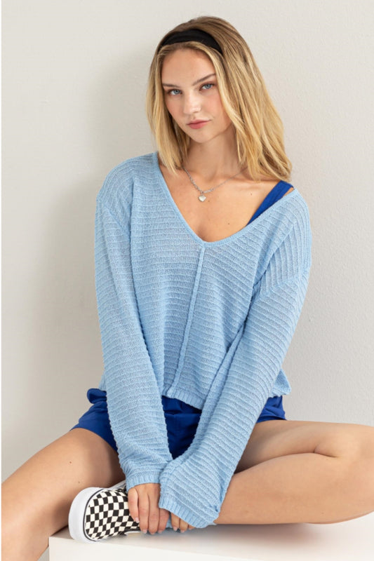 HYFVE V-Neck Stripe Texture Long Sleeve Top BABY BLUE