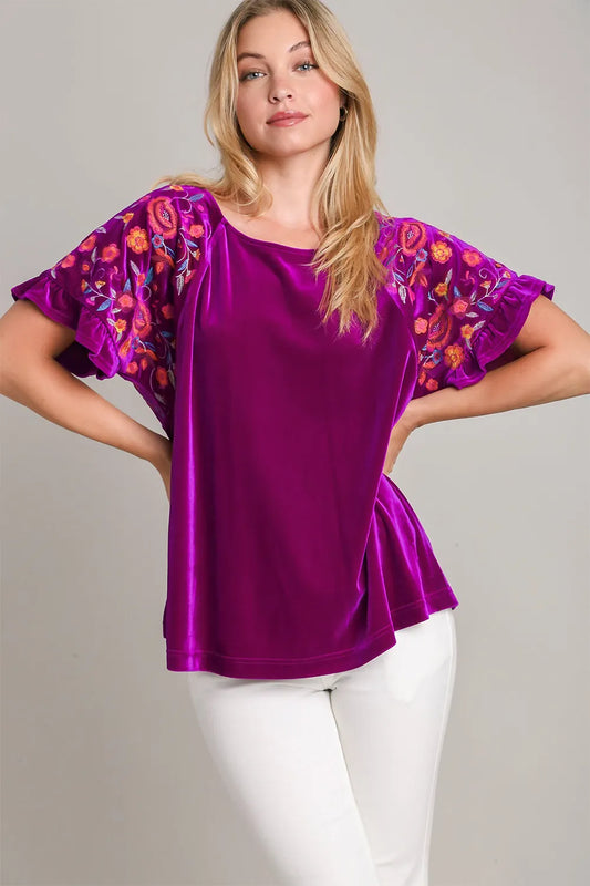 Umgee Full Size Velvet Embroidery Short Sleeve Blouse Violet