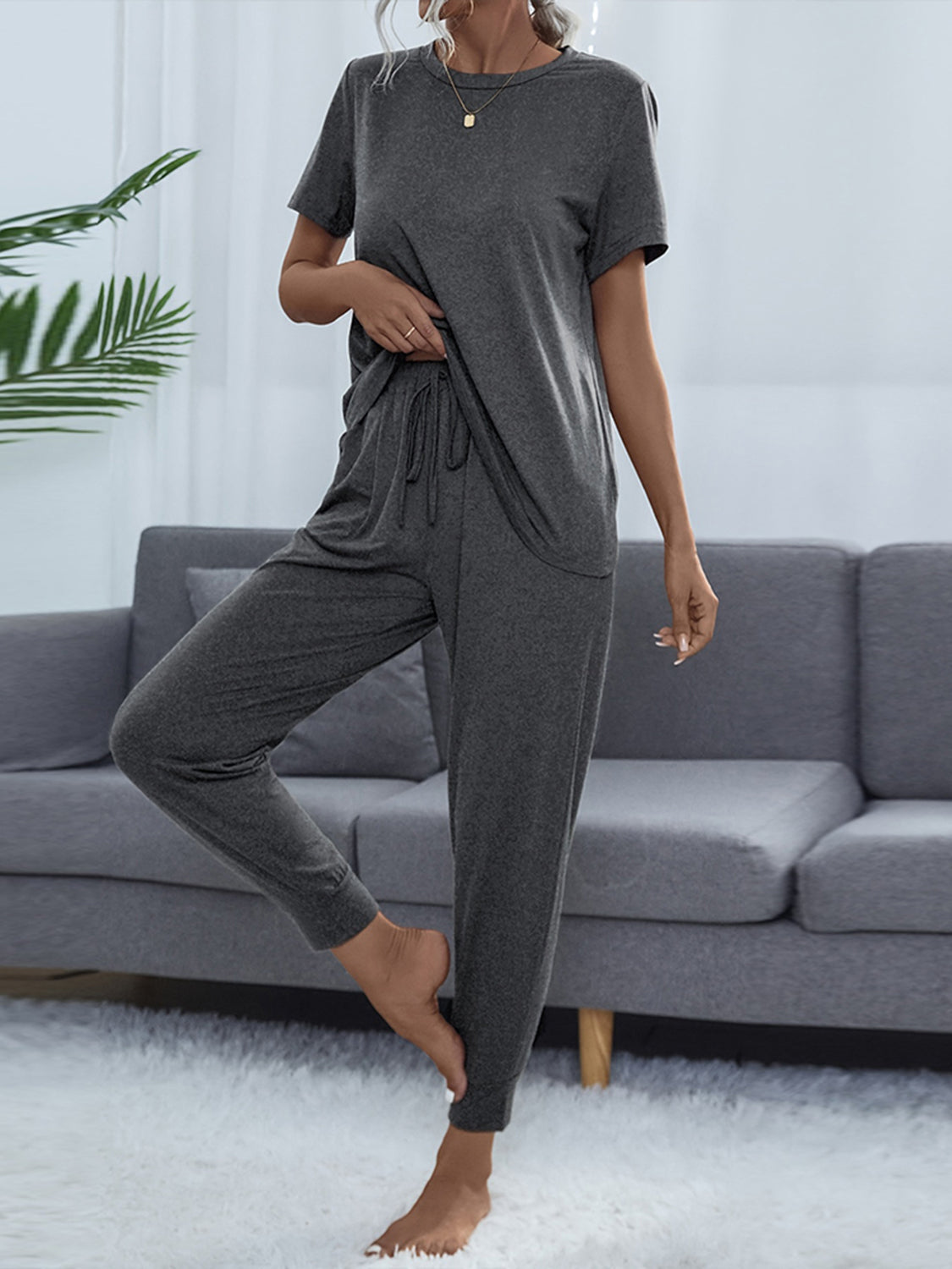 Shiny Round Neck Short Sleeve Top and Pants Set Charcoal