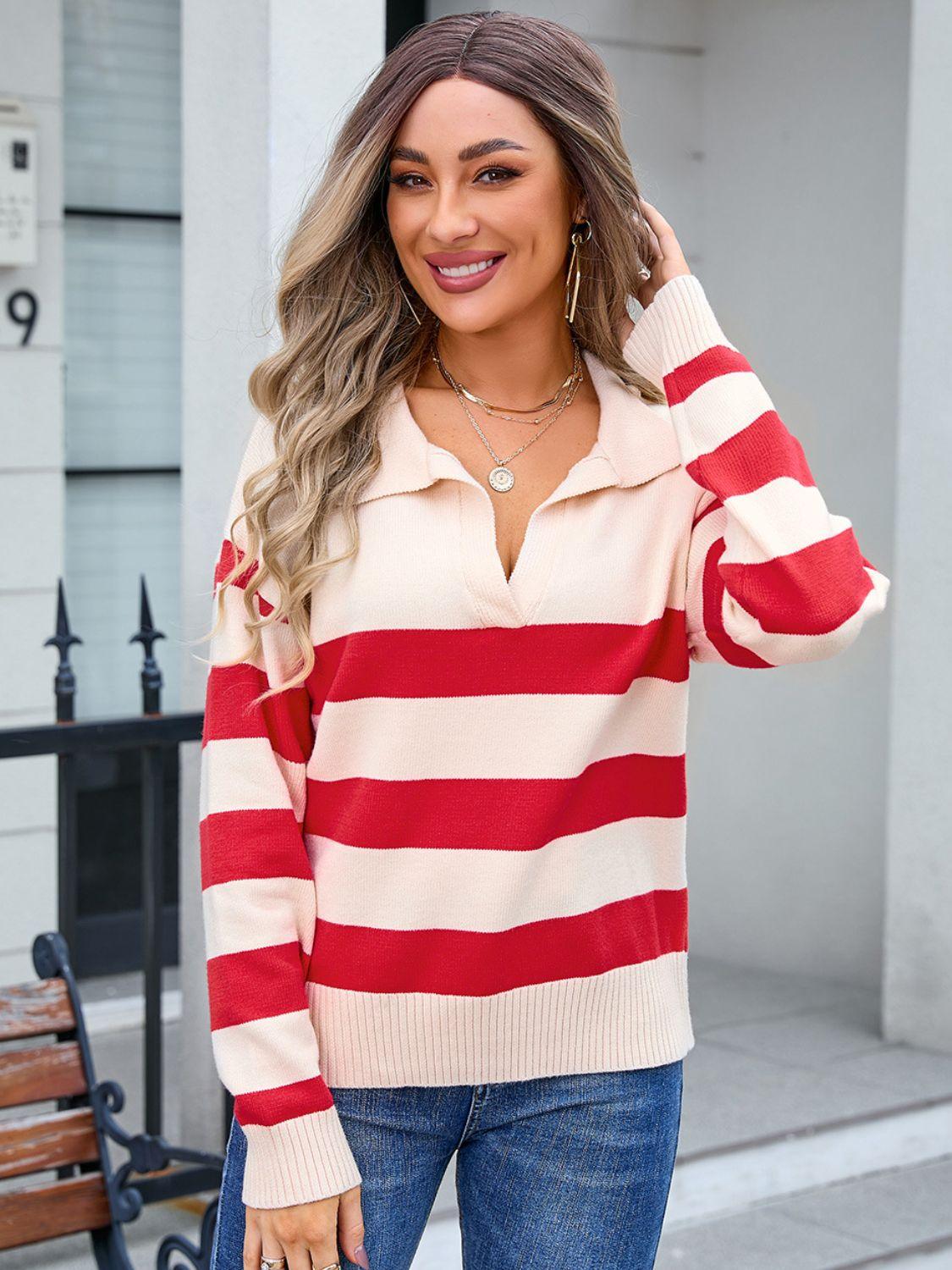 Angel Wings Striped Johnny Collar Knit Top Deep Red
