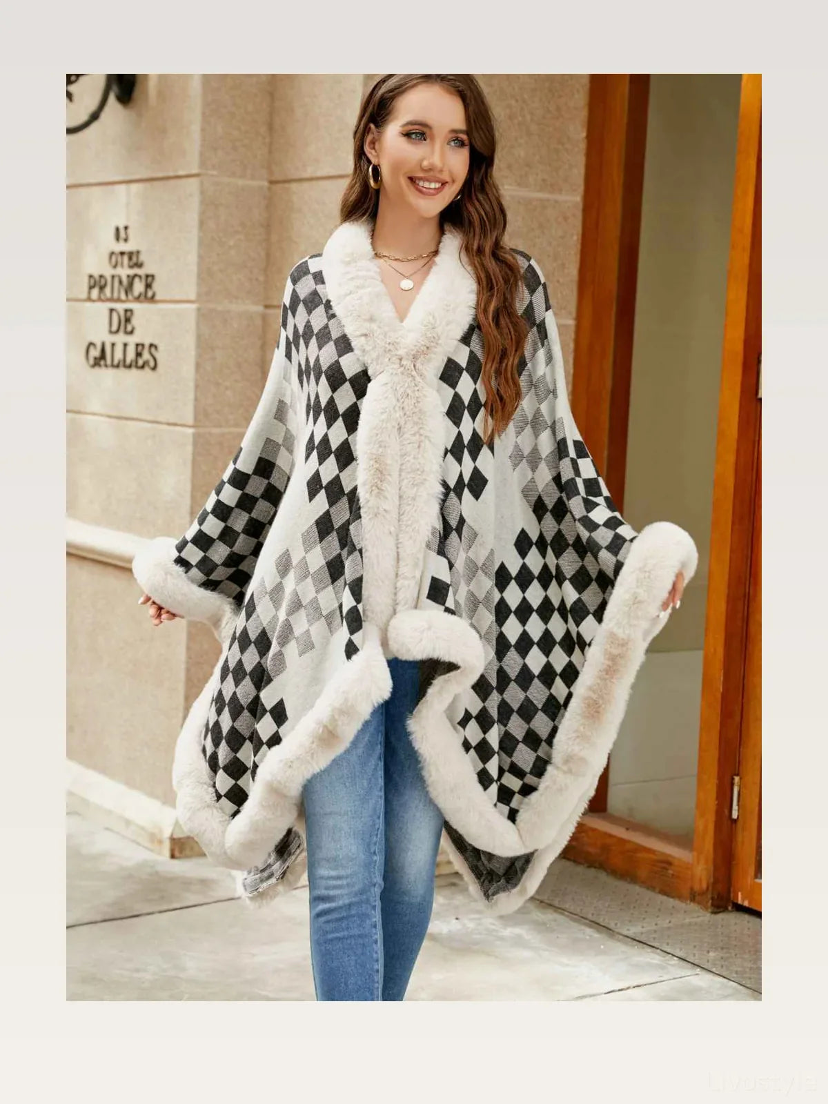 Checkered Faux Fur Trim Poncho