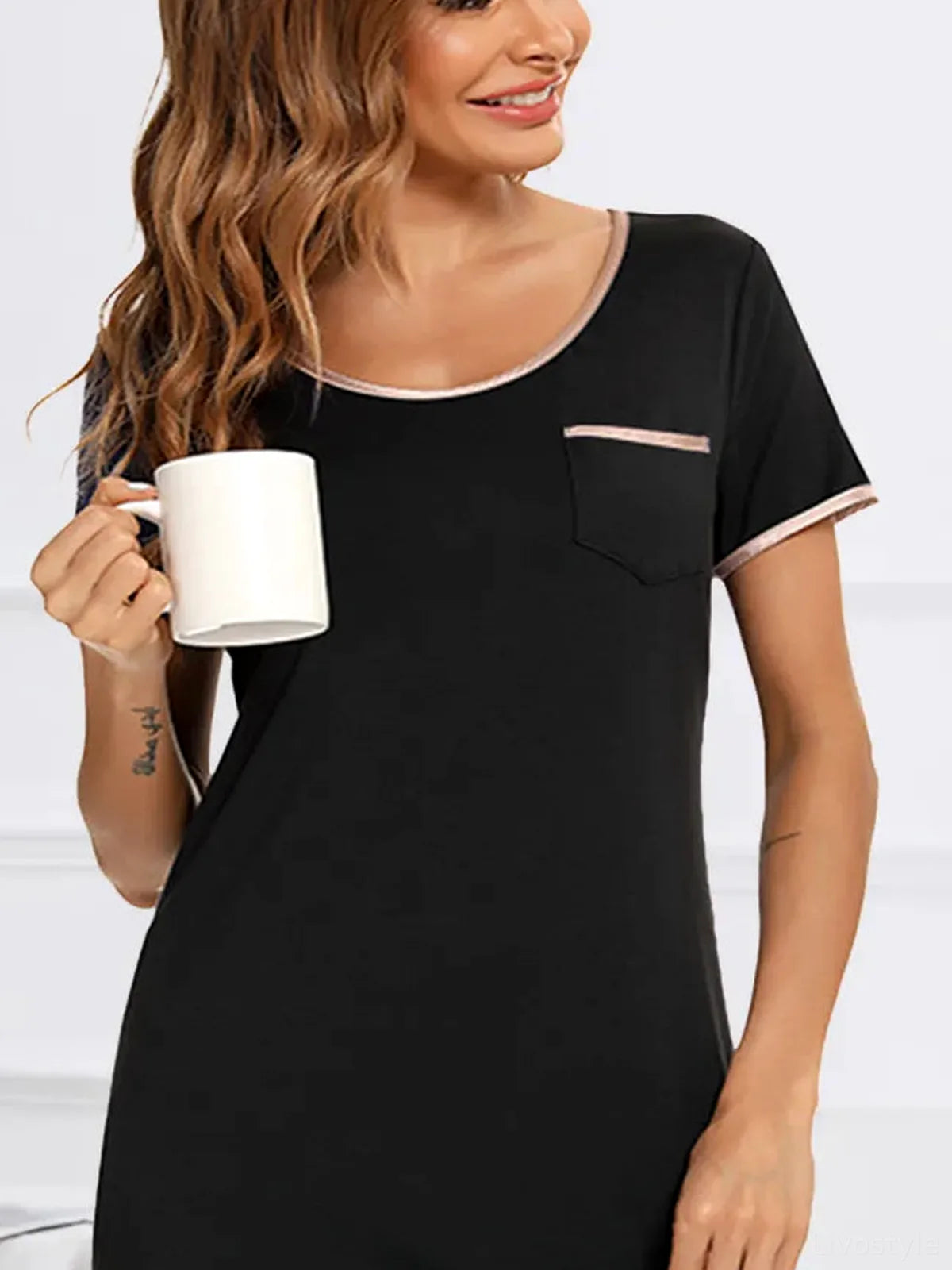 Contrast Trim Pocketed Round Neck Lounge Dress