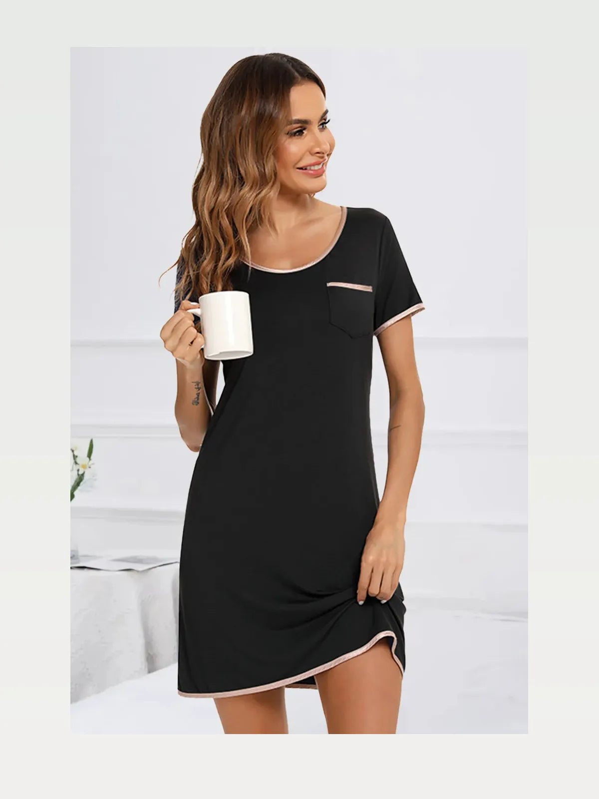 Contrast Trim Pocketed Round Neck Lounge Dress