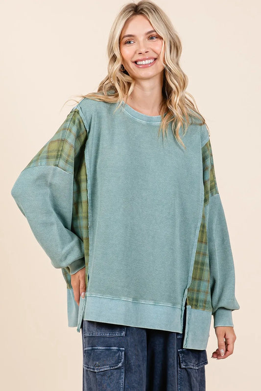 Mittoshop Plaid Panel Mineral Wash French Terry Sweatshirt SEA BLUE