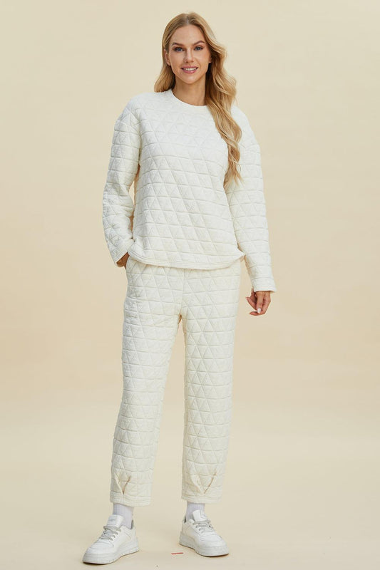 Double Take Full Size Texture Round Neck Long Sleeve Top and Pants Set Beige