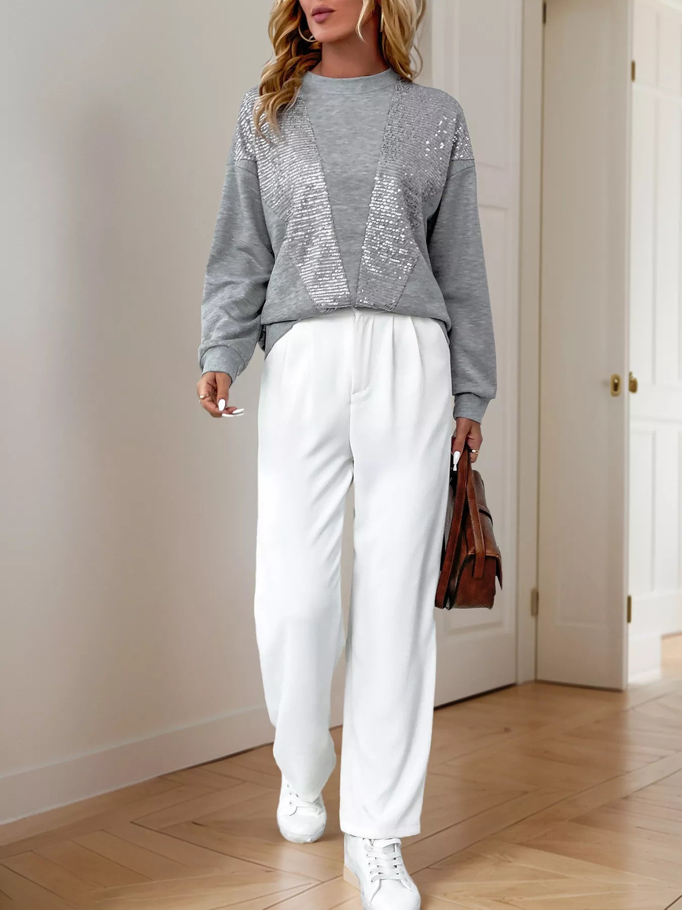 Sequin Round Neck Dropped Shoulder Sweatshirt